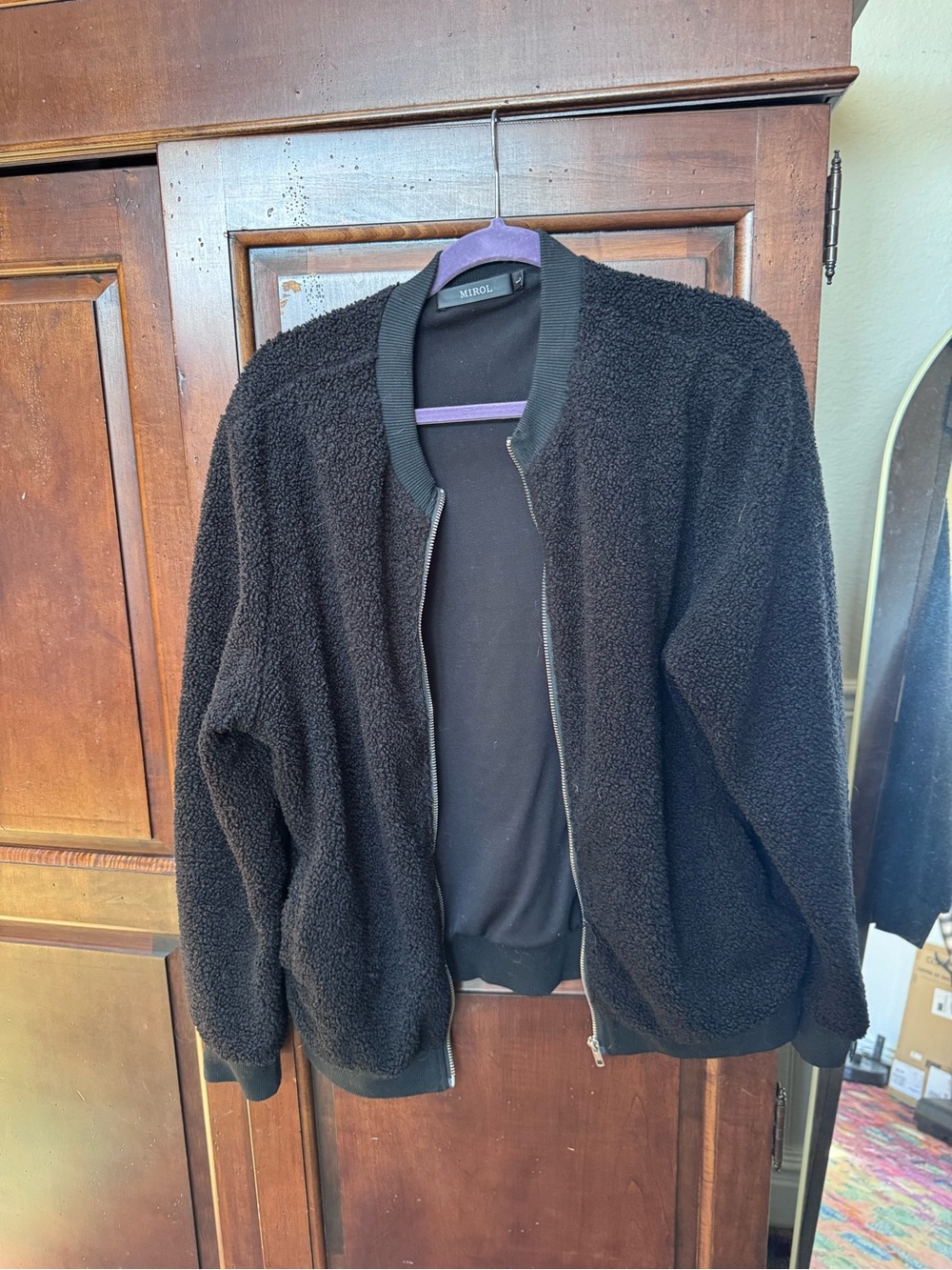 Black Sherpa Bomber Jacket, Large